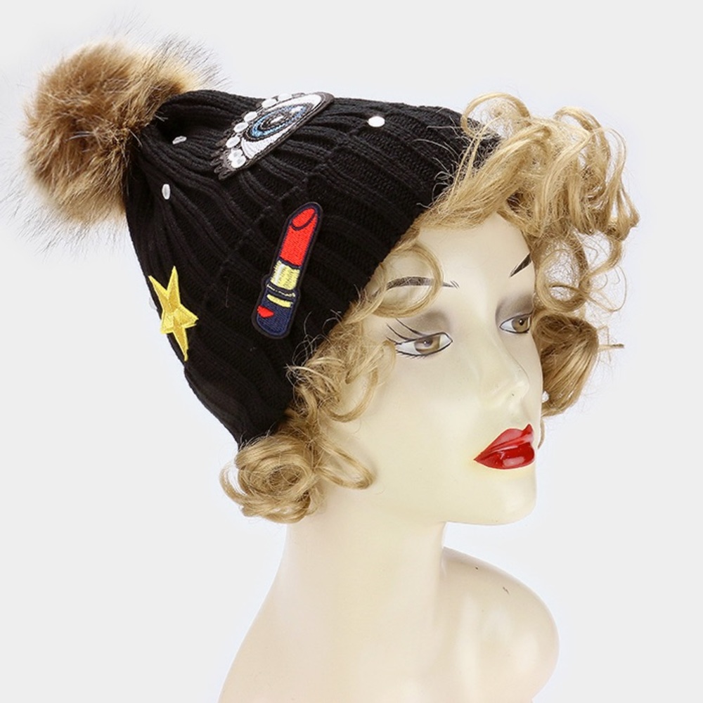 Black Sequin and embroidery patchwork beanie hat
